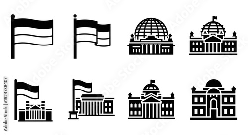 Stylish silhouette icons of government buildings and flags