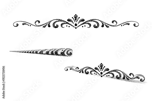 Ornamental dotted border line An ornamental dotted border line with subtle dot size variation illustrated in front view, side view, and three-quarter view as