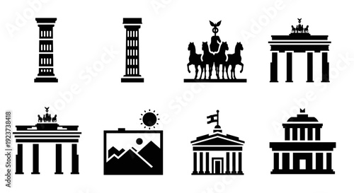 Silhouette icons of berlin landmarks featuring brandenburg gate and tv tower