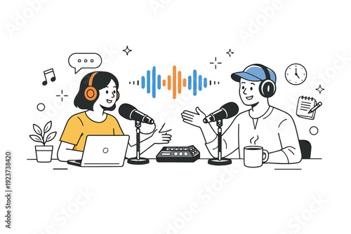 Podcasters recording episodes. A small home studio setup with microphones, headphones, and sound waves icons. Cozy creative environment, modern content
