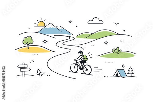 Bike tours and nature trails. A long winding trail cuts through fields and gentle hills with a small cyclist figure. Sense of freedom and