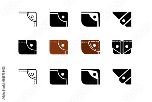 Old Leather Wallet. Icon set. Set Logo of Old Leather Wallet: aged wallet corner detail. harmonious logo variations of the same emblematic concept, each with