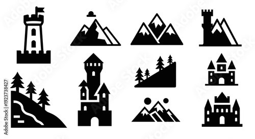 Silhouette castles and mountains icons collection for adventure designs