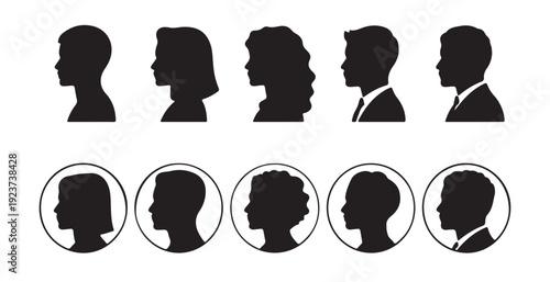 Set of ten vector black silhouettes of people's heads shown in profile in two rows with five in each row
