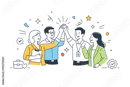 HR team celebrating achievements. A group of HR professionals smiling and giving high-fives, abstract confetti shapes and stars floating