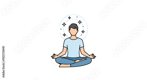 A tranquil man with short dark hair practices meditation in a traditional lotus position emitting a subtle sparkling aura, Generative AI.
