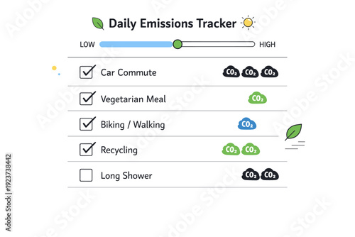 Tracking daily emissions. A close-up editorial view of a checklist or timeline showing daily habits with small carbon indicators, expressing