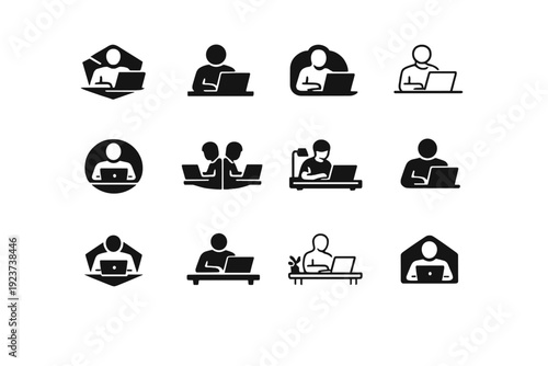 Laptop Icon Variations. People working on laptops in office or home settings. Icon set. Set Logo of People working on laptops in office or home settings:
