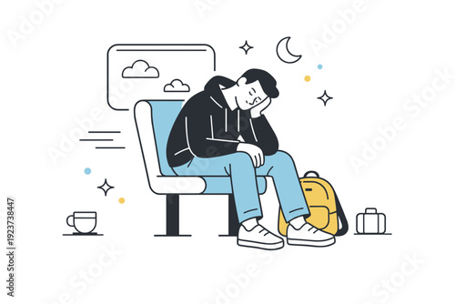Slouched relaxed positions in transit. A seated passenger leans slightly forward or sideways, body relaxed during travel. Soft sense of