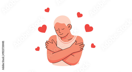 A person with short hair gently hugs themselves a gesture of self-love surrounded by multiple floating red heart shapes, Generative AI.