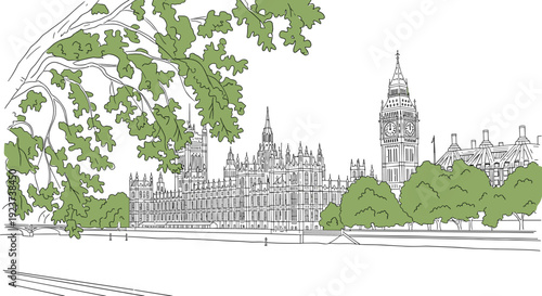 Coloring page of london landmark with trees in black and white outline design
