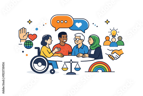 Diversity and inclusion collaborative scene with people and symbols of dialogue, conveying empathy, equal voices, and inclusive culture.