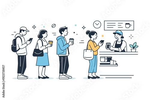 People waiting in lines. People standing in line at a coffee counter, holding cups or phones. Slow urban rhythm, calm anticipation in a