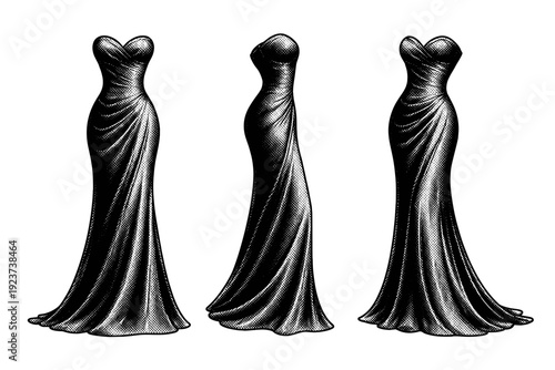Fashion silhouette of a long evening dress depicted as one clothing form shown in front view, side view, and three-quarter view emphasizing drape and