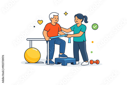 Rehabilitation therapy gentle physical therapy scene with a person guided by a therapist using light equipment, expressing recovery, support,