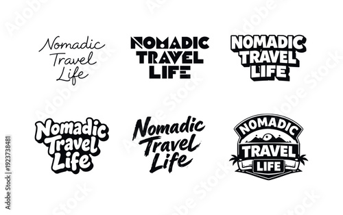 Collection of diverse 'Nomadic Travel Life' logo designs in black and white