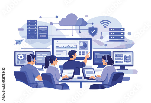 IT operations team. Engineers monitoring systems from multiple screens, infrastructure