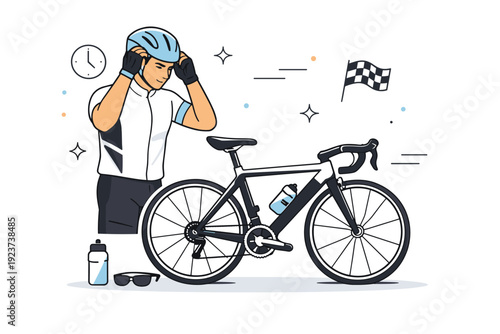 Athlete focus before competition ? Cyclist preparing helmet and checking bike. Focused glance, clean equipment, calm determination and mental