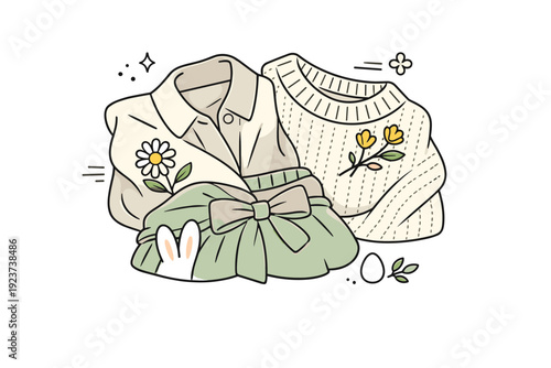 Easter natural textile outfits. Close-up scene of fabric textures, linen, wool and cotton garments neatly arranged, soft folds and tactile