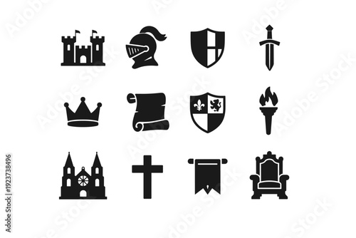 Medieval History. Solid icon set of Medieval History: medieval castle, knight helmet, shield, sword, crown, scroll, coat of arms, torch, cathedral, cross,