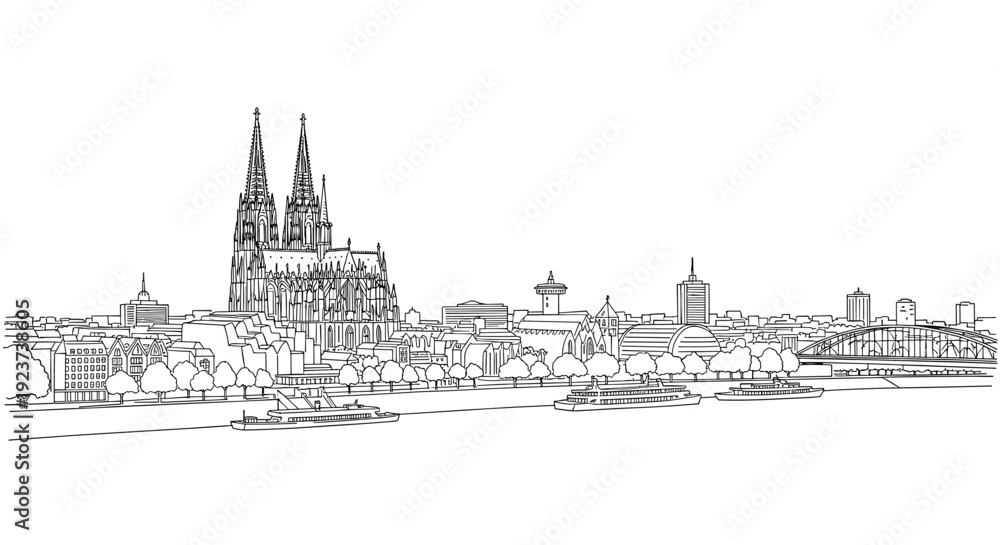 Naklejka premium Cologne cityscape with iconic cathedral and rhine river in linear art style