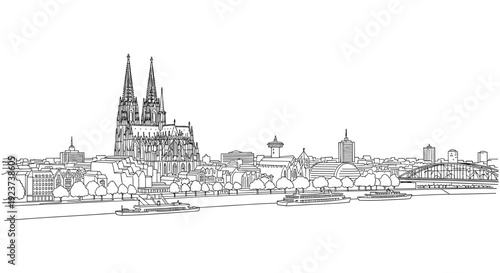 Cologne cityscape with iconic cathedral and rhine river in linear art style
