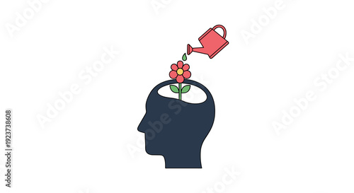 A dark blue human head silhouette on a white background showing a red flower growing inside and being watered by a small red watering can, Generative AI.
