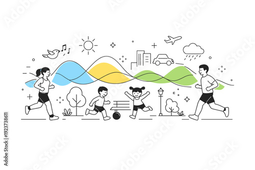 Urban park soundscape. People jogging and children playing in a park with abstract floating waveforms and subtle decorative icons representing natural and city