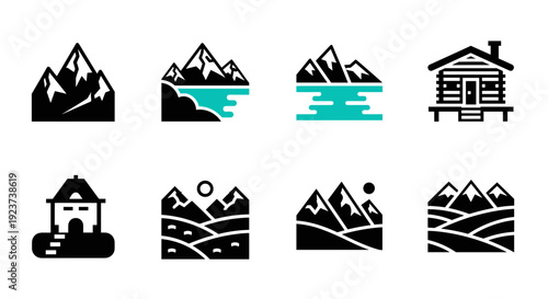 Scenic landscape icons: mountains, lakes, cabins in minimalist design
