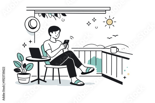 Summer breaks between work sprints. A shaded balcony scene where a person checks the phone briefly before returning to work. Light, mindful