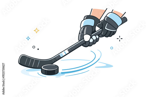 Hockey stick handling training. Close-up style scene of hands gripping a hockey stick and guiding the puck, emphasis on technique and