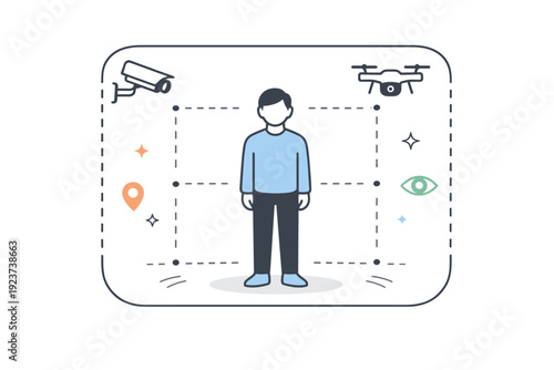 Surveillance awareness visuals. A calm figure standing within a soft outlined frame or grid, suggesting monitored space. Boundaries, visibility, and quiet