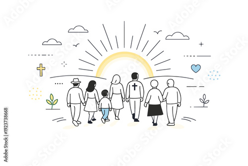 Easter Sunday celebration. Minimal scene showing people walking peacefully toward light, symbolizing resurrection, community, and faith.