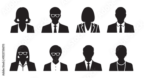 Set of diverse business avatar icons representing male and female professionals wearing glasses and neckties