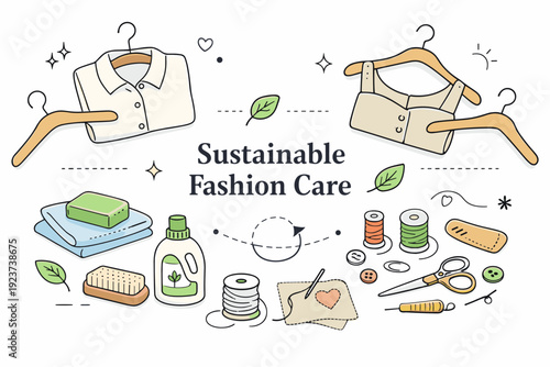 Sustainable fashion care routines. Top-down flat lay with natural fabric items, wooden hangers, and simple repair tools. Thoughtful