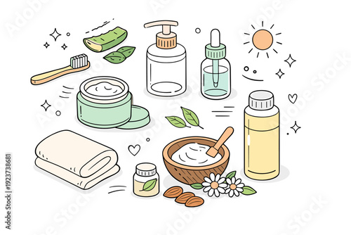 Sustainable skincare routine. Refillable containers, natural ingredients, and soft textiles placed in a clean flat lay. Fresh responsible