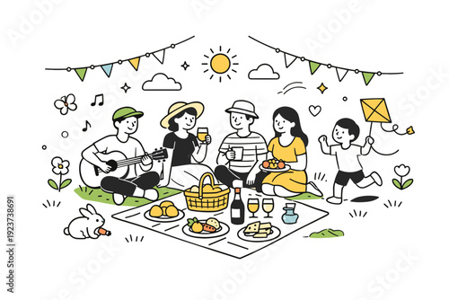 Spring picnic holiday illustration. A friendly editorial scene of people enjoying a picnic on fresh grass with food, drinks, and light