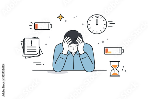 Burnout symptoms concept. A calm editorial scene with a worker holding their head while simple icons like batteries, clocks, and documents float nearby,