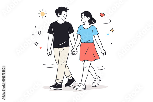 Couple walking side by side. A romantic couple walking together hand in hand, relaxed and comfortable in each other?s presence. Peaceful