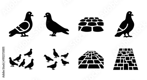 Pigeon silhouettes and cobblestone patterns for urban design projects
