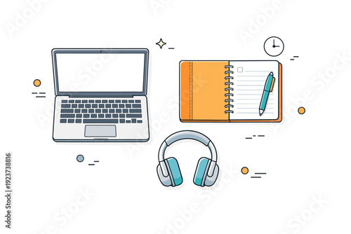 Workday routine flat lay. Laptop, notebook, and headphones placed in a tidy top-down composition. Focused productivity with a calm, modern
