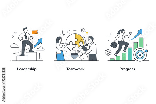 Professional business concepts. Simple lifestyle icons representing leadership, teamwork, and progress, designed for corporate and startup
