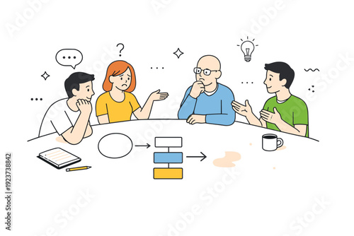 People with partial knowledge. Small group discussing around a table with only part of a diagram visible, the rest fading into abstract