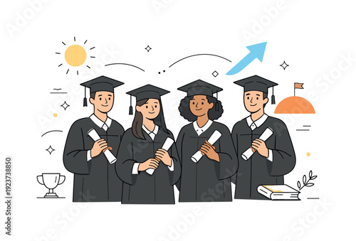 Graduation season celebration. A calm editorial scene with graduates wearing caps and holding diplomas, standing together with relaxed