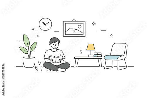 Minimalism ? modern lifestyle. Simple objects like a plant, book, or chair drawn with minimal detail, expressing calm living and reduced