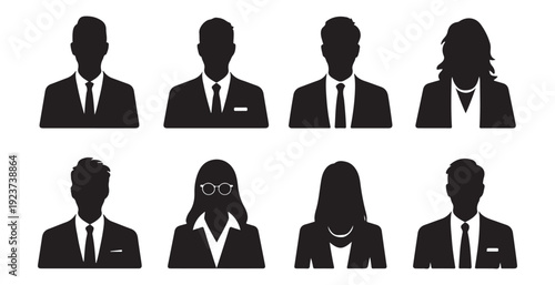 Diverse group of business professionals represented by black silhouettes in suits men and women diverse set
