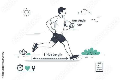 Running assessment outdoors. Individual on trail with visual markers for stride length and arm angle, calm and analytical atmosphere. Clean