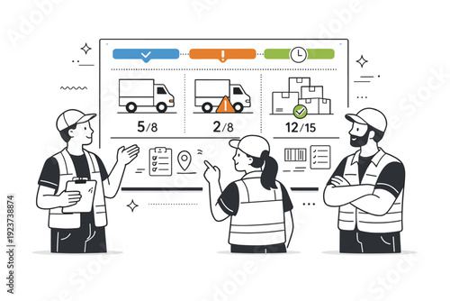 Warehouse and distribution operators. A team reviewing shipment status on a large shared screen with icons for trucks and packages. Transparent processes and