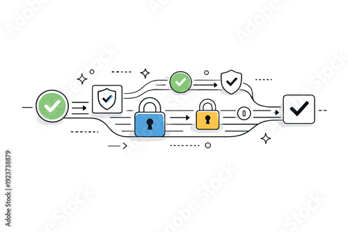 Trust in systems. Abstract scene of orderly flows, locks and verified icons moving smoothly without human intervention. Quiet confidence in