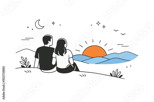 Sunset watching from hills. Couple sitting side by side on a hill, quietly observing the sun dipping below the landscape. Gentle intimacy and calm evening